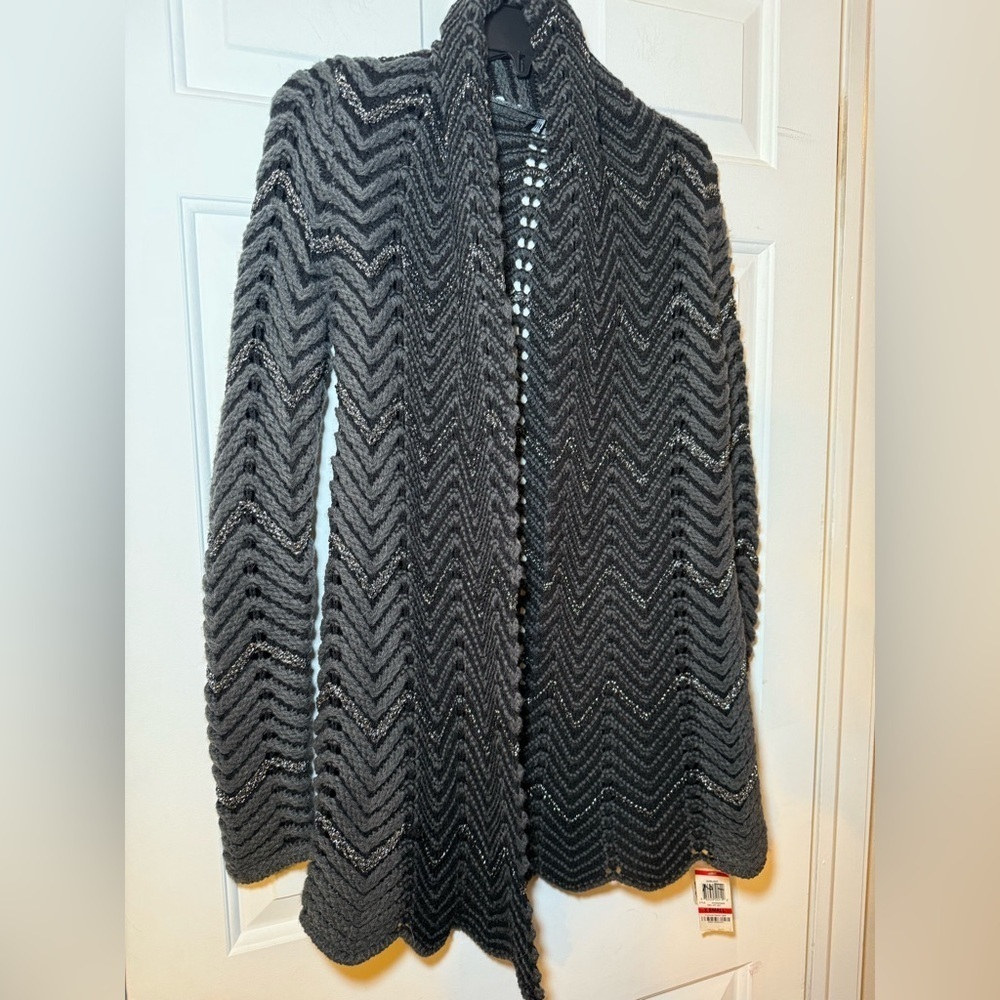 INC Woman’s Open Weave Knit Cardigan XS Black Gray Silver Sparkle Chevron NWT